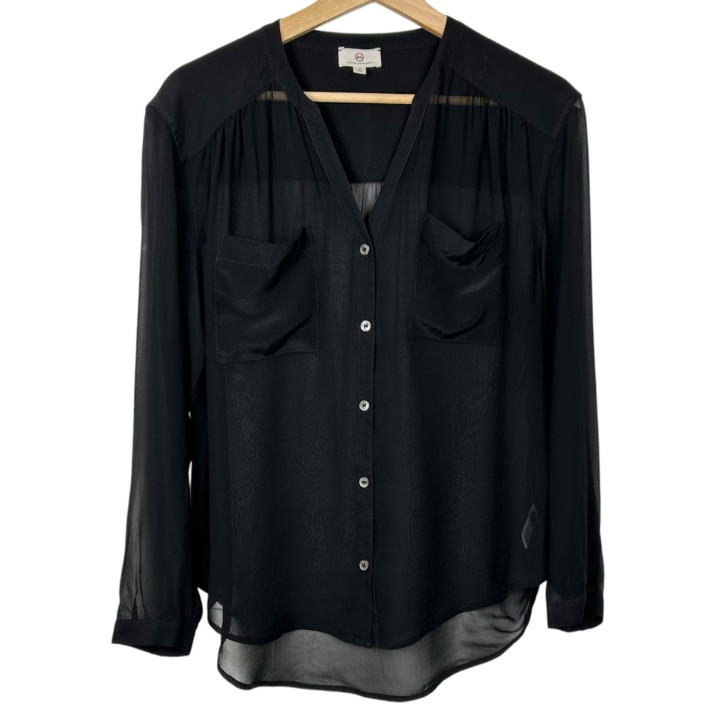 AG Adriano Goldschmied 100% Silk Split Neckline Sheer Blouse, Black, Size Small